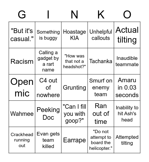 Siege Bingop Bingo Card