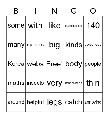 Spiders Bingo Card