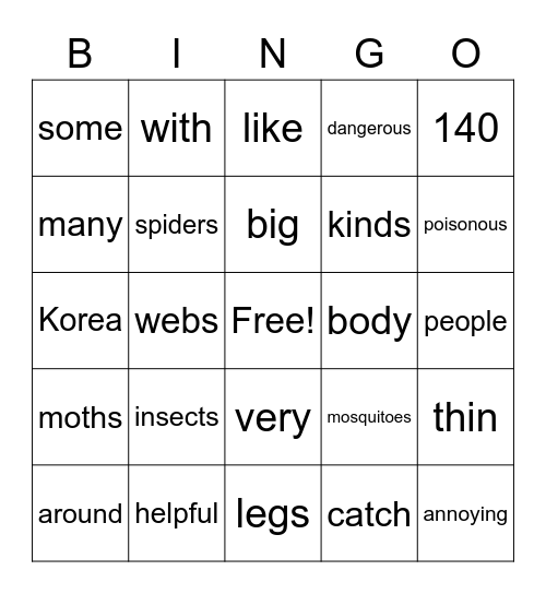 Spiders Bingo Card