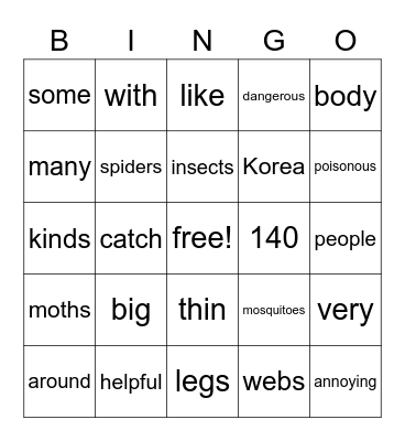 Spiders Bingo Card