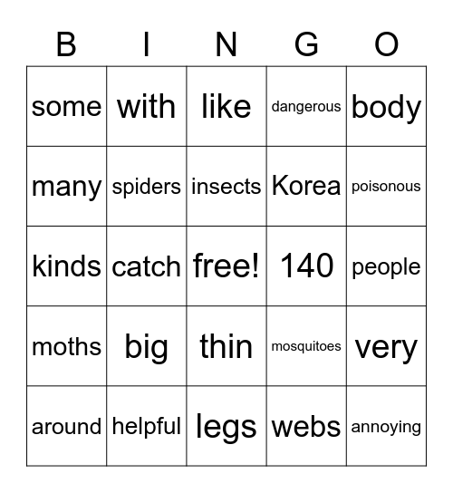 Spiders Bingo Card