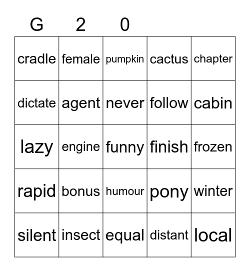 Gold 20 Bingo Card