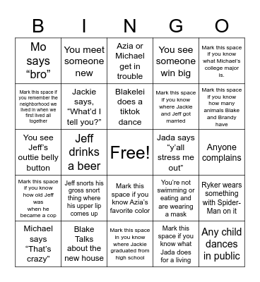 Family Vacation 2020 Bingo Card