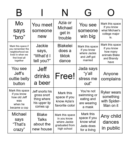 Family Vacation 2020 Bingo Card