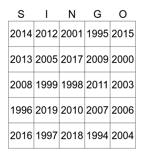 483 NUMBER #1 SONGS BY YEAR Bingo Card