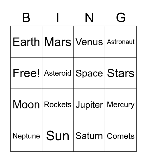 Space Solar System Bingo Card