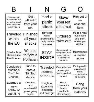 Social Distancing Bingo Card