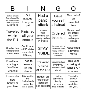 Social Distancing Bingo Card