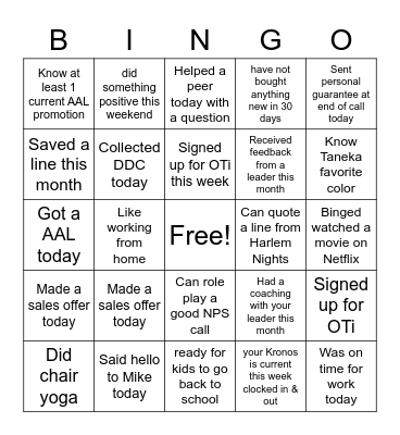 ENCORE Bingo Card