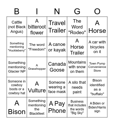 Montana Road Trip Bingo Card