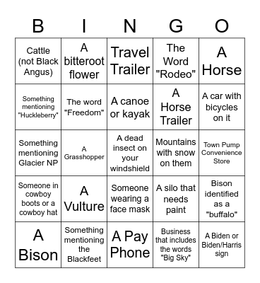 Montana Road Trip Bingo Card