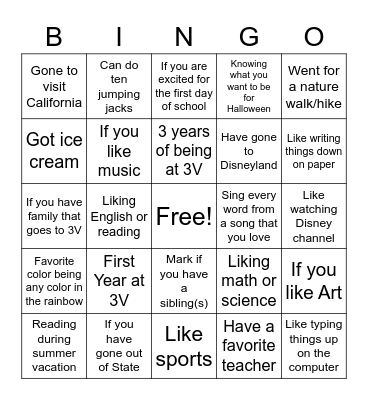 Getting To Know You Bingo Card