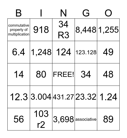 Math Bingo Card