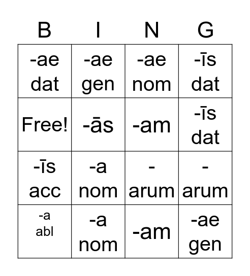 1st Declension Noun Endings Bingo Card
