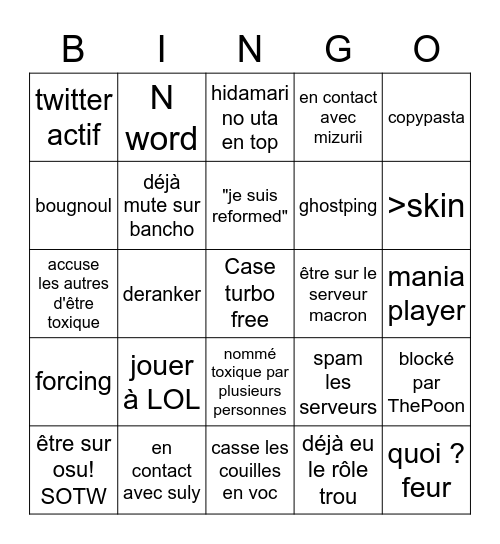 toxique bingo reformed Bingo Card