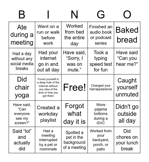 Bingo: Remote Working Edition Bingo Card