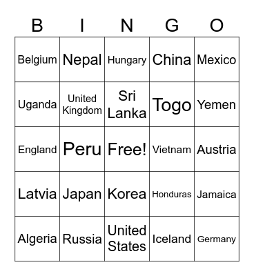 Countries Fingerspelling Bingo Card