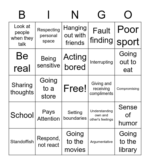 Social Skills BINGO Card