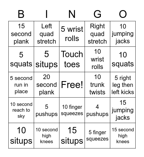 Hoover PE Bingo Card