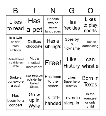 Back to School Bingo Card