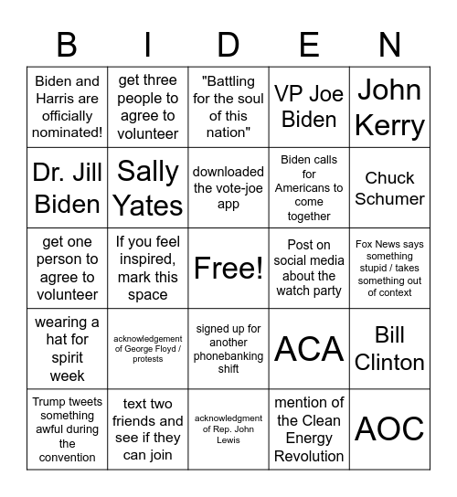 Democratic National Convention Bingo Card