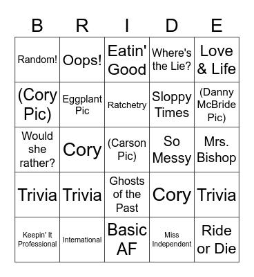 Carson's Bachelorette Bingo Card