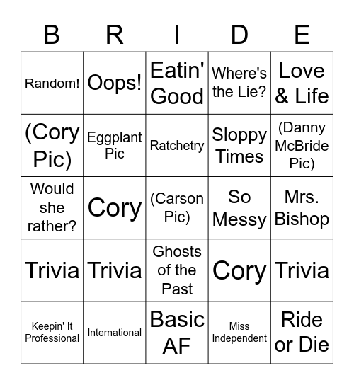 Carson's Bachelorette Bingo Card
