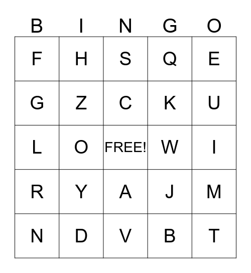 UPPER CASE LETTERS Bingo Card