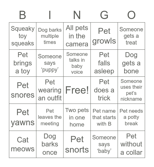Pet Party Bingo Card