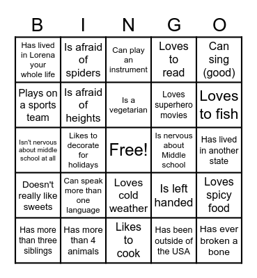Get to know you BINGO Card