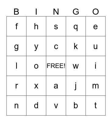 LOWER CASE LETTERS Bingo Card