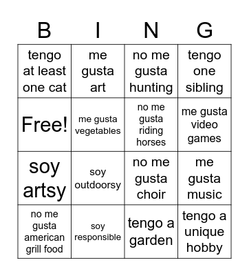 Spanish Bingo Card