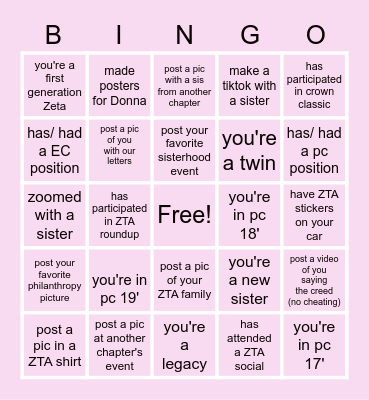 Zeta Tau Alpha Bingo Card