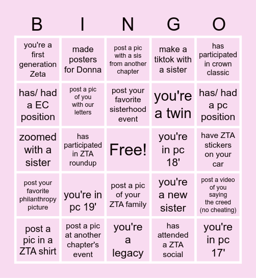 Zeta Tau Alpha Bingo Card