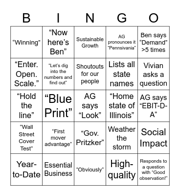 Earnings Call Bingo Card
