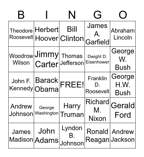 U.S. Presidents Bingo Card