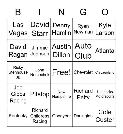 NASCAR Bingo Card