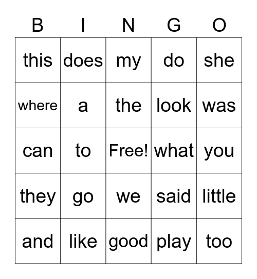 High Frequency Word bingo Card