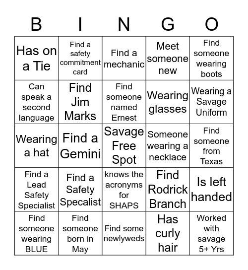 SAVAGE'S ICE BREAKER BINGO Card