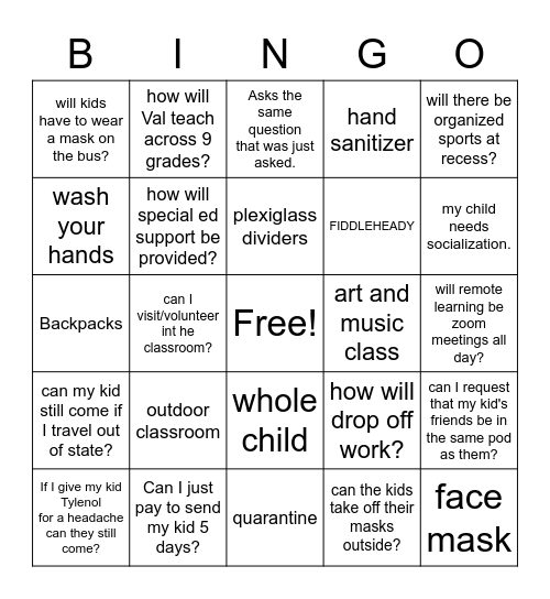 FH Reopening Q+A Bingo Card