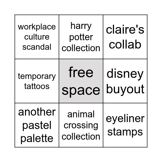 ColourPop 2020 bingo Card