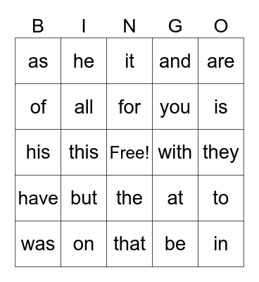 Sight Words 1 Bingo Card