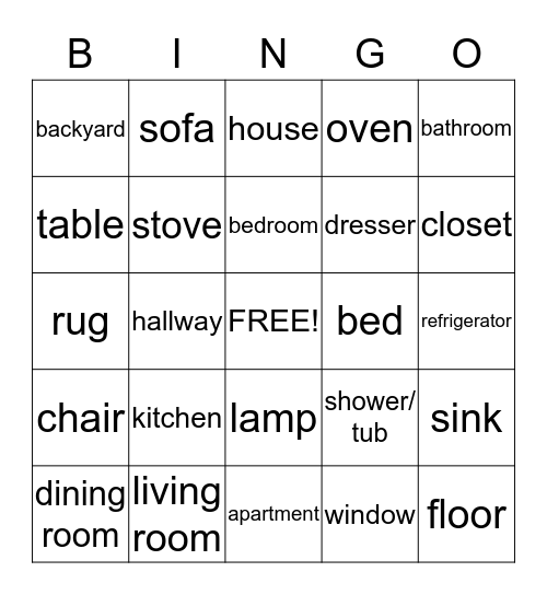 House/Home  Bingo Card