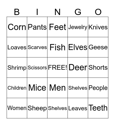 Irregular Plurals Bingo Card