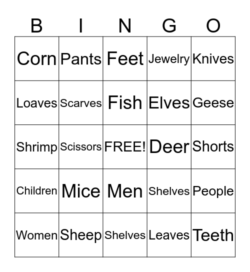 Irregular Plurals Bingo Card