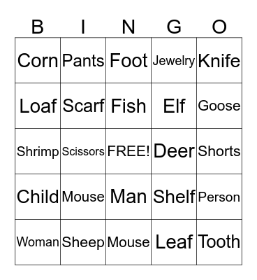 Irregular Plurals Bingo Card