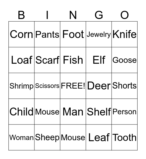 Irregular Plurals Bingo Card