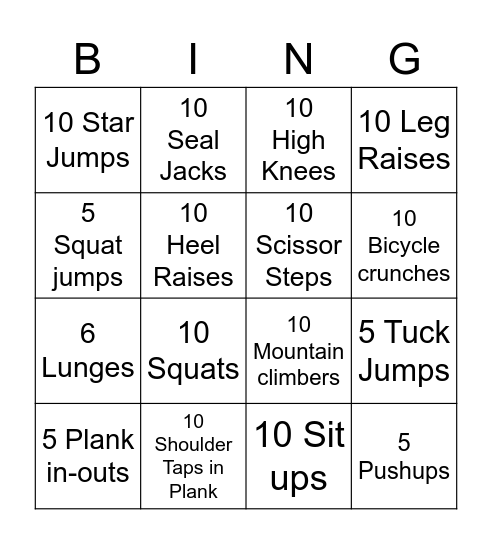 Fitness Bingo Card