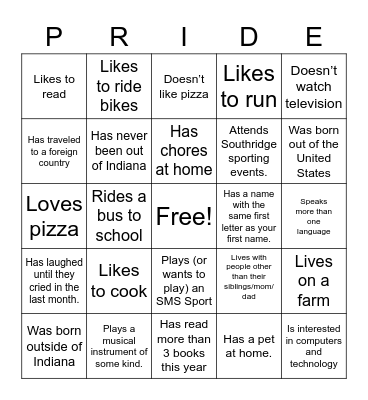 #be. YOU SMS Raider PRIDE BINGO Card