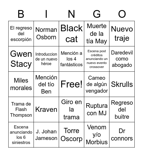 Spider-Man 3 Bingo Card